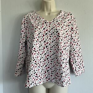 Chicos Womens Top Sz 2/L Abstract Floral V-Neck 3/4 Sleeve City Country Casual